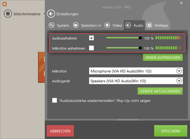 Audioeinstellungen des Icecream Screen Recorders